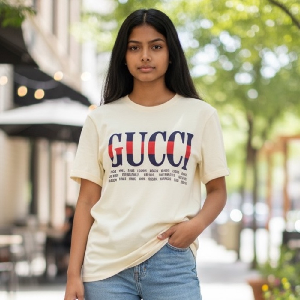 GUCCI 2018 Alessandro Michele Graphic Logo Tee Cream & Blue